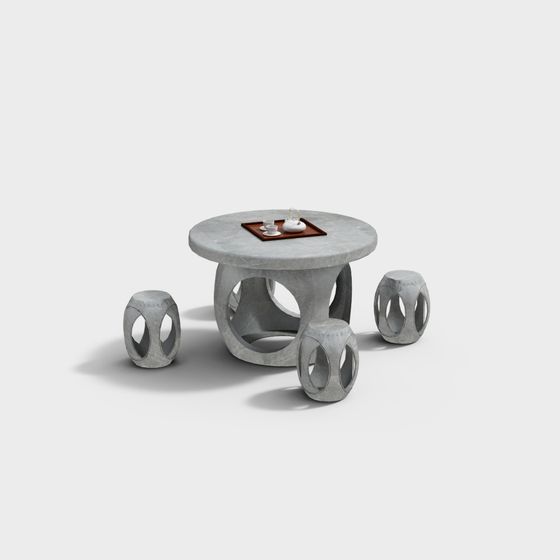 Elegant Concrete Tea Table and Stool 3D model