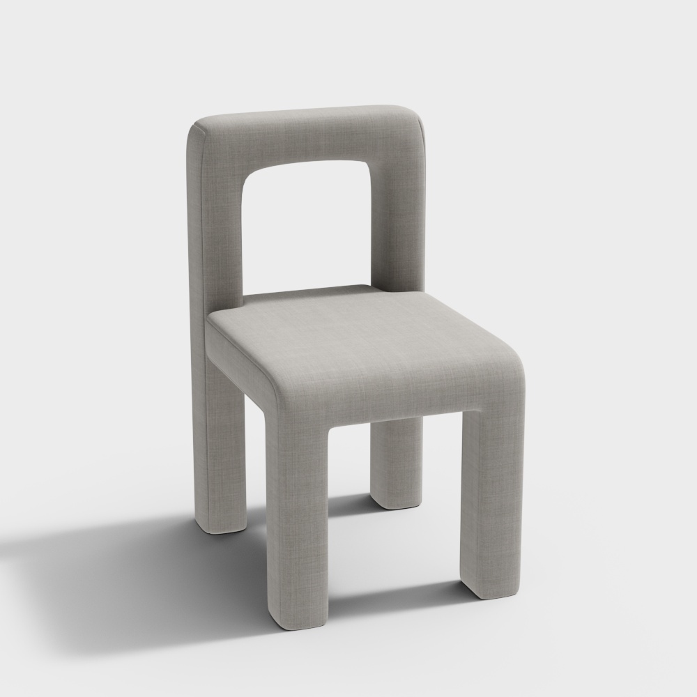 Modern grey fabric dining chair with thick square legs and backrest on white background