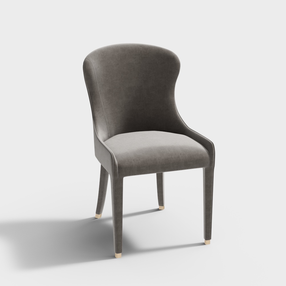 Modern grey velvet dining chair with curved back and gold legs on white background