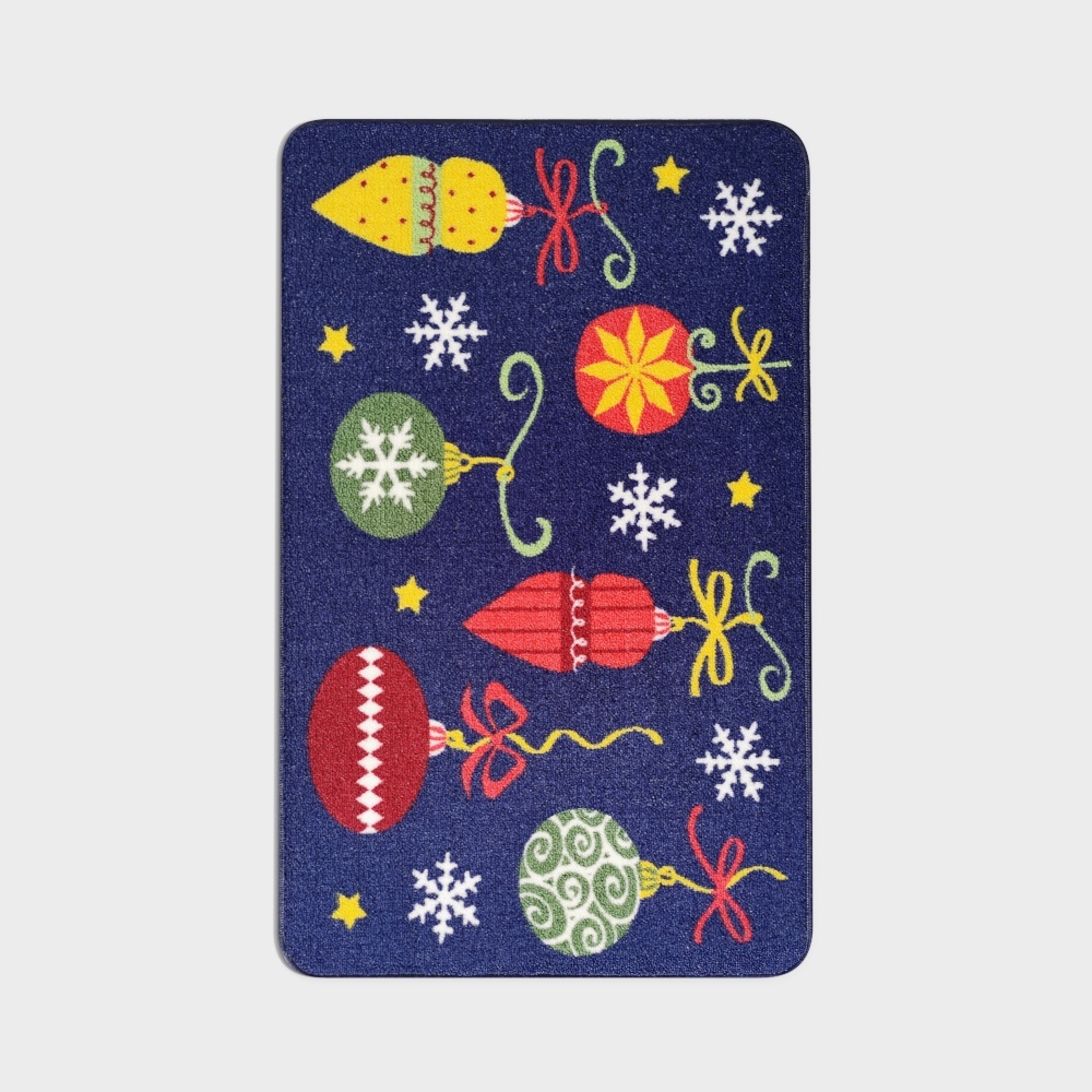 Festive blue rug with colorful ornaments snowflakes stars and ribbons on light grey background