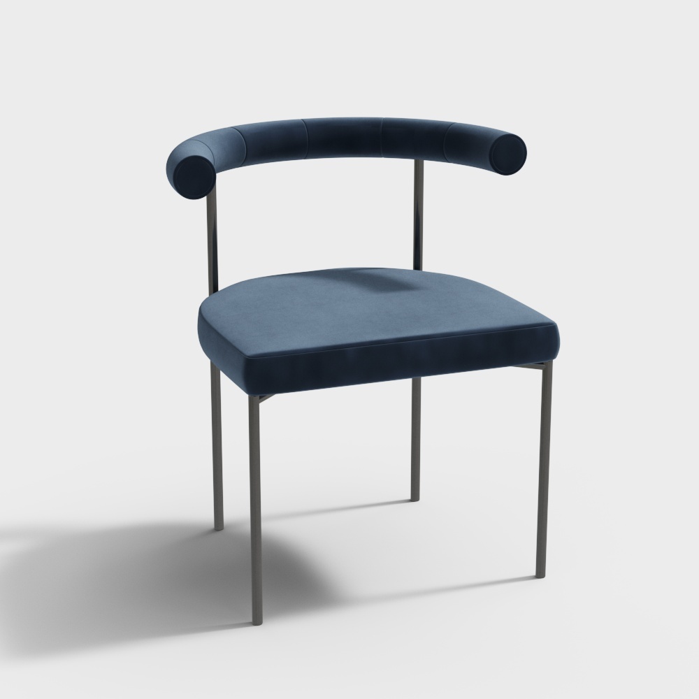 Modern blue velvet dining chair with curved backrest and metal legs on white background