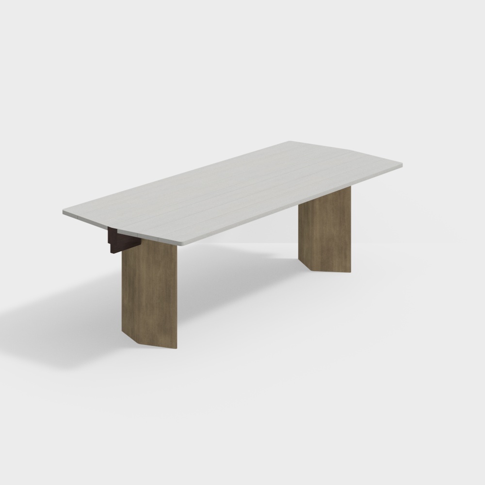 Modern rectangular dining table with light wood top and dark brown legs on white background