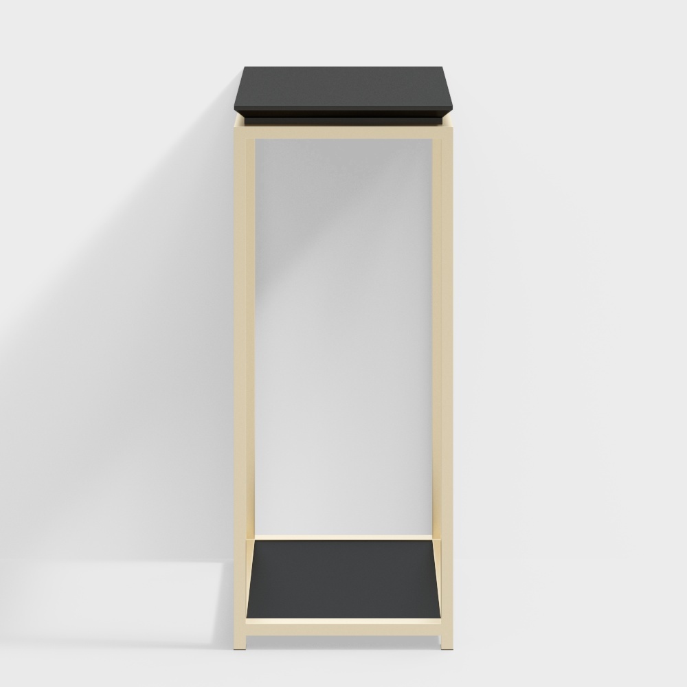 Tall narrow light wood console table with black top and bottom shelf on white background