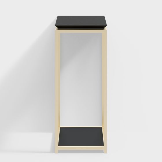 Tall narrow light wood console table with black top and bottom shelf on white background