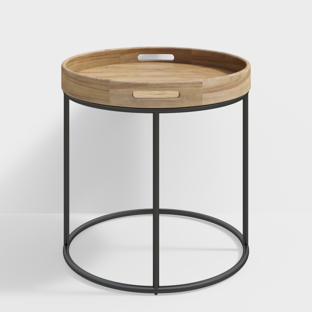 Modern round side table with light wood tray top and black metal frame on white background