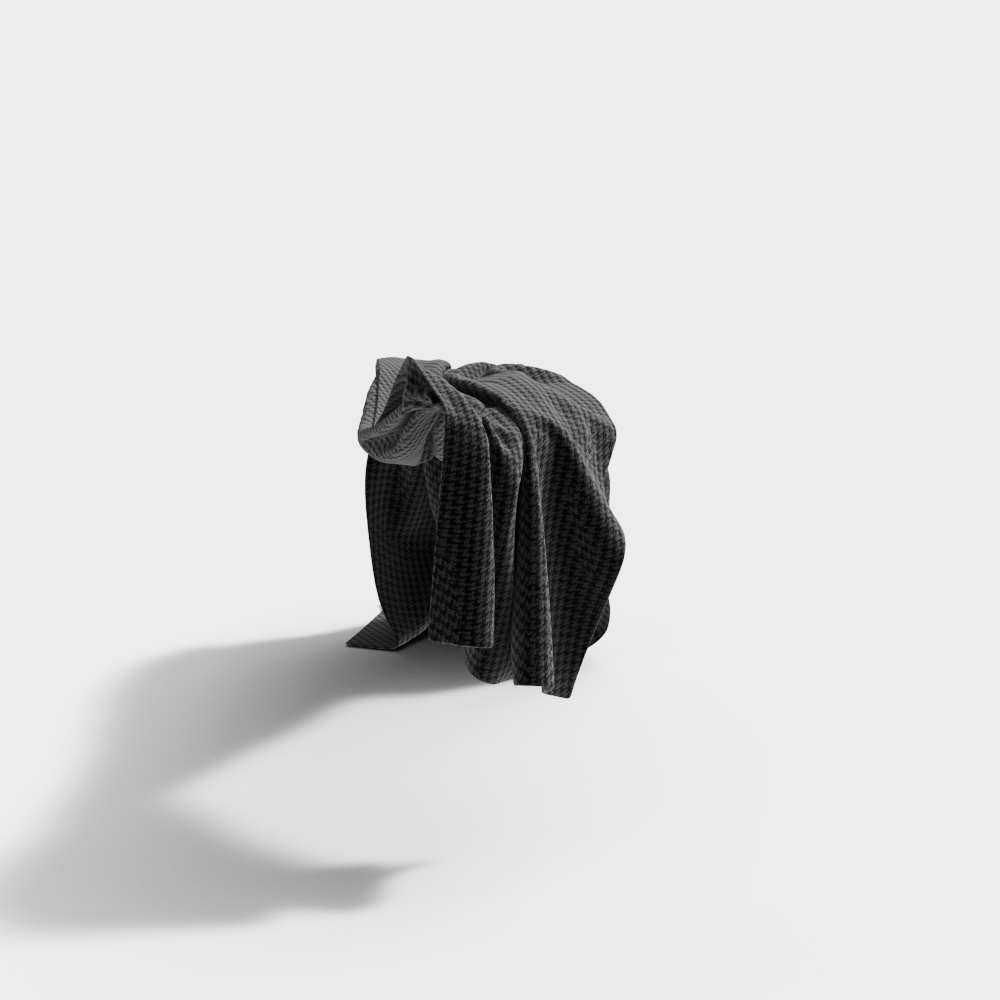 Dark grey checkered fabric draped over a small square stool on white background