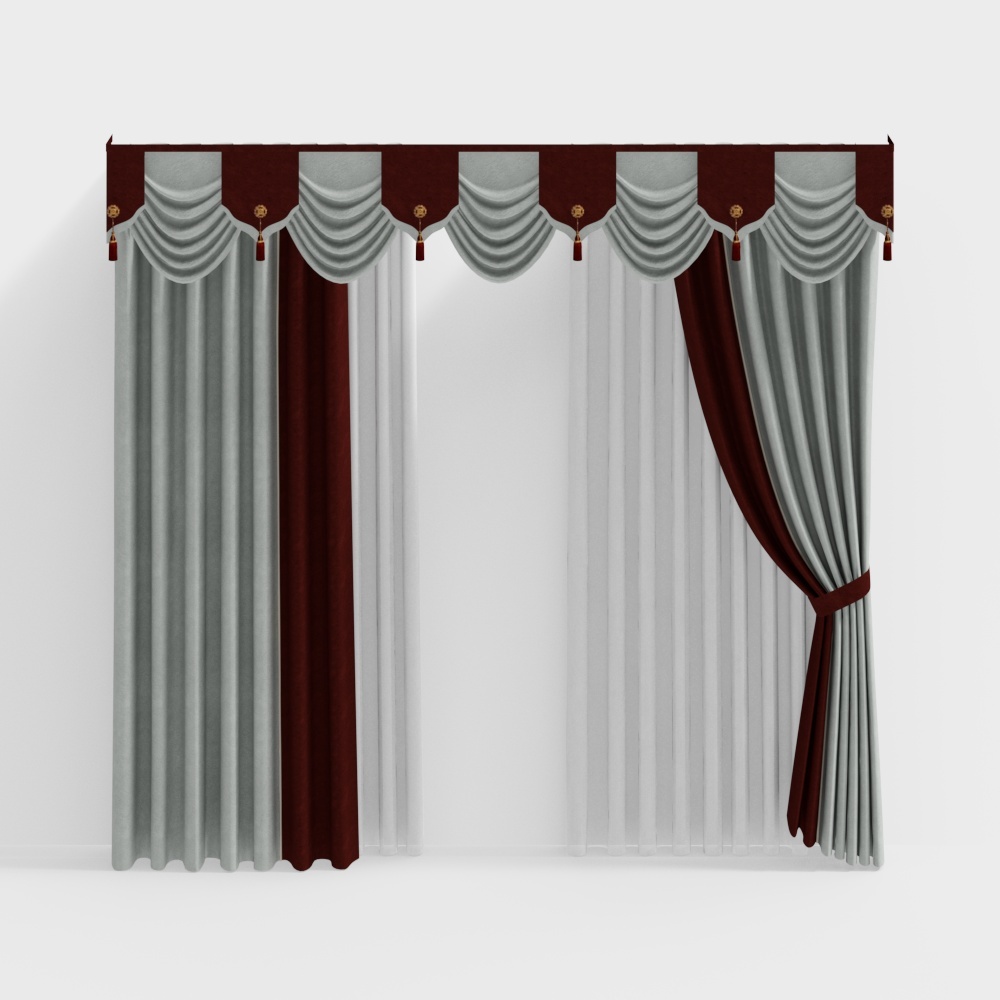 Elegant Gray and Burgundy Curtain 3D Model