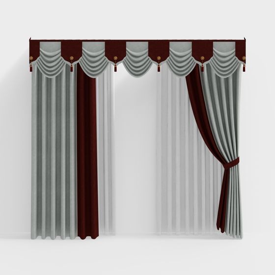 Elegant Gray and Burgundy Curtain 3D Model