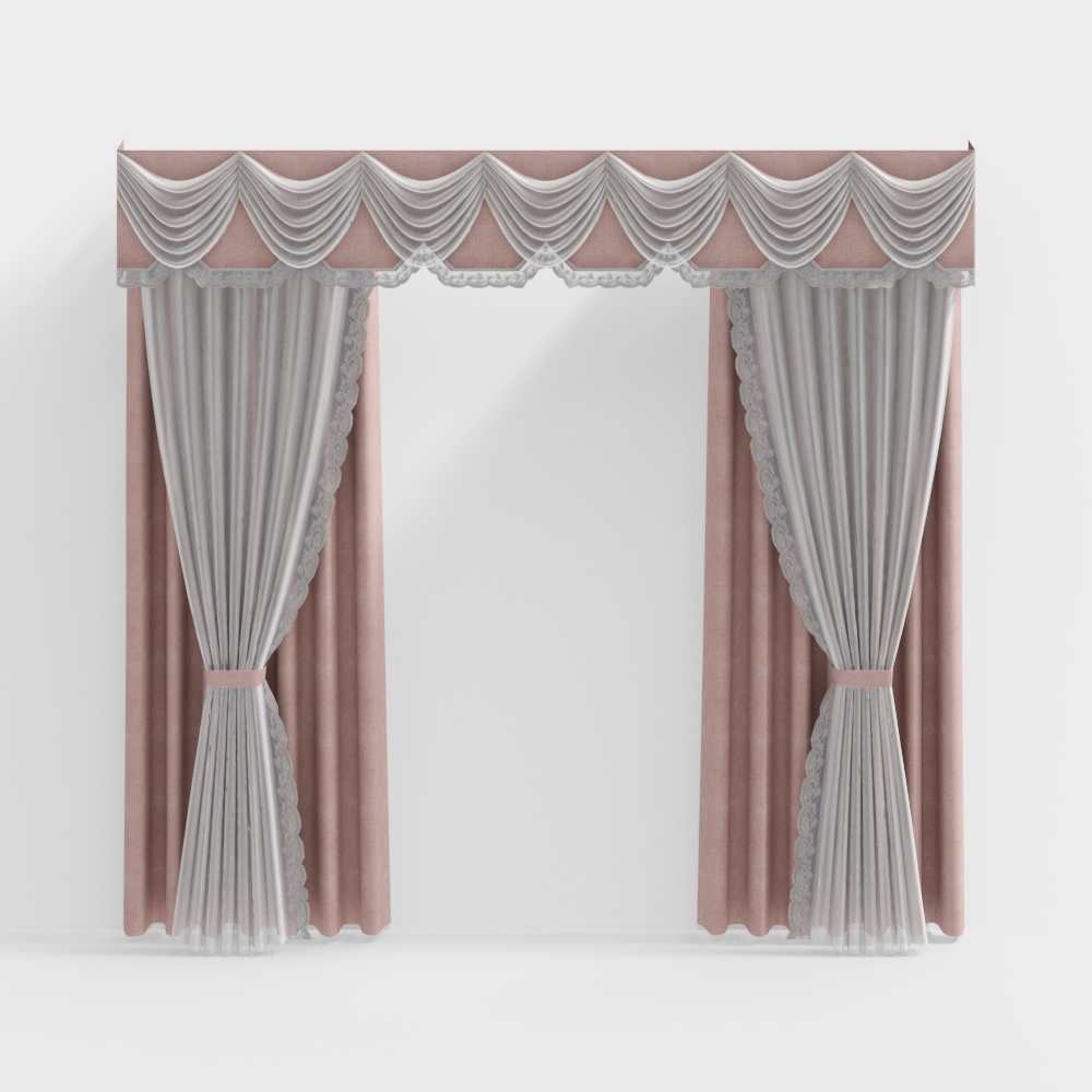 Vintage Elegance Curtain 3D Model – Pink Fabric with Lace