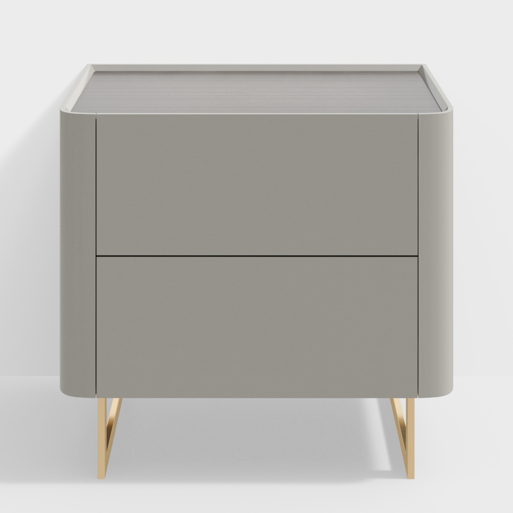 Modern grey nightstand with two drawers and gold metal legs on white background