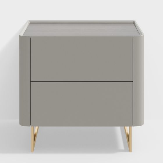 Modern grey nightstand with two drawers and gold metal legs on white background