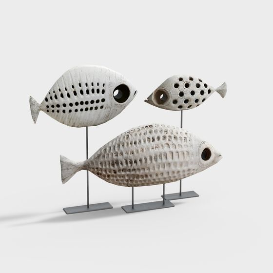 Fish Ornaments 3D Model in Black and Gray