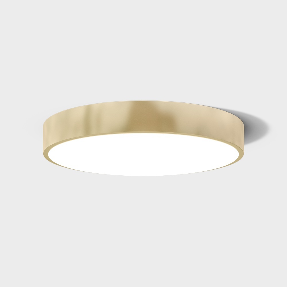 Modern gold metal ceiling light with white round panel on grey background