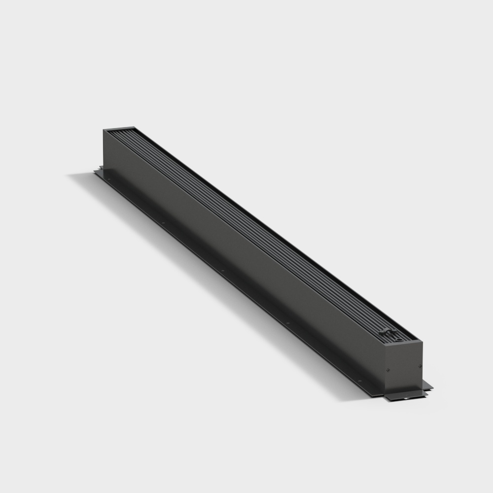 Long black metal linear light fixture with ribbed top detail on white background
