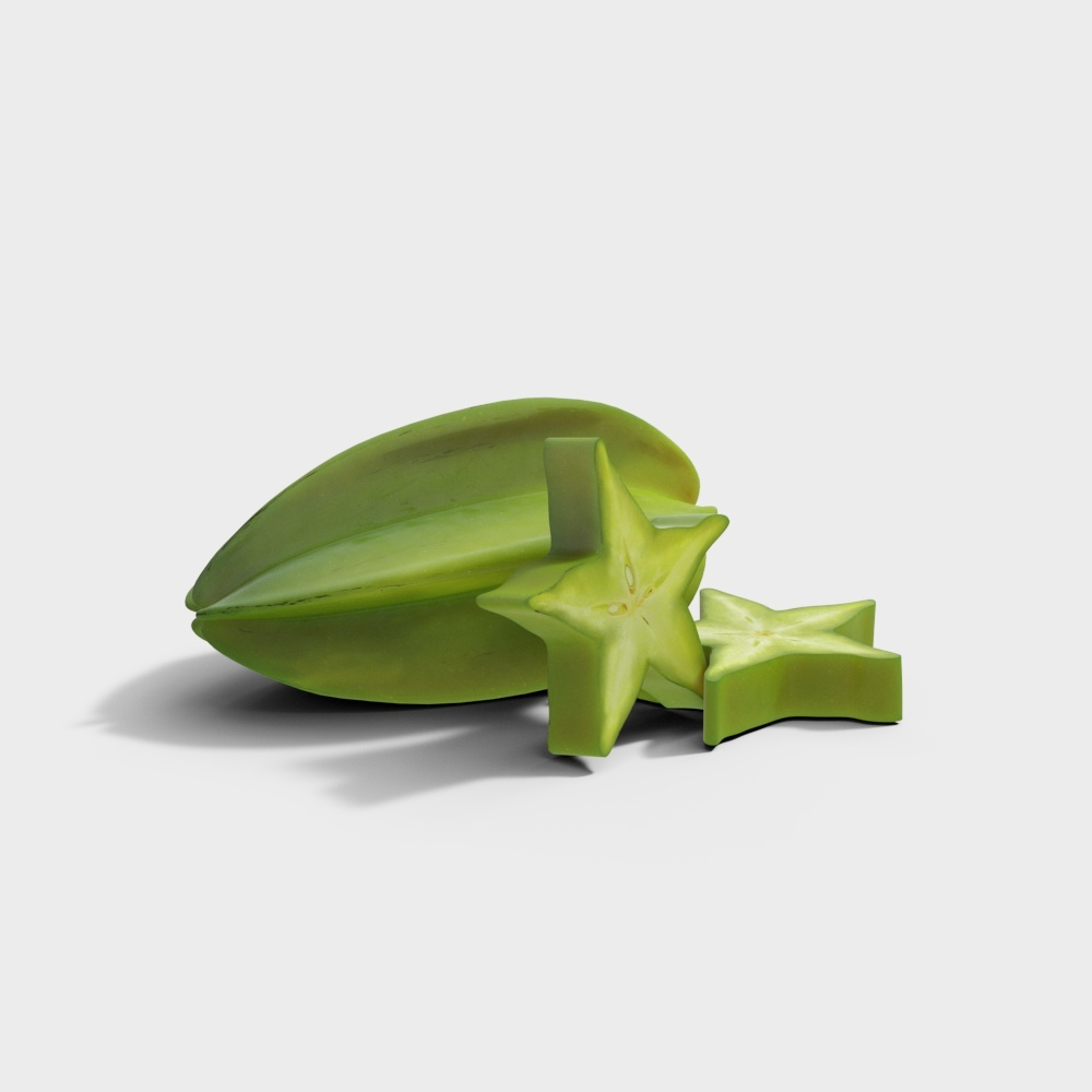Green star fruit with two sliced pieces showing star shape on white background