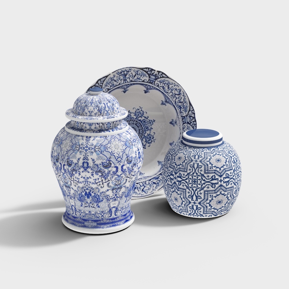 Traditional Blue and White Porcelain Jar and Plate 3D model