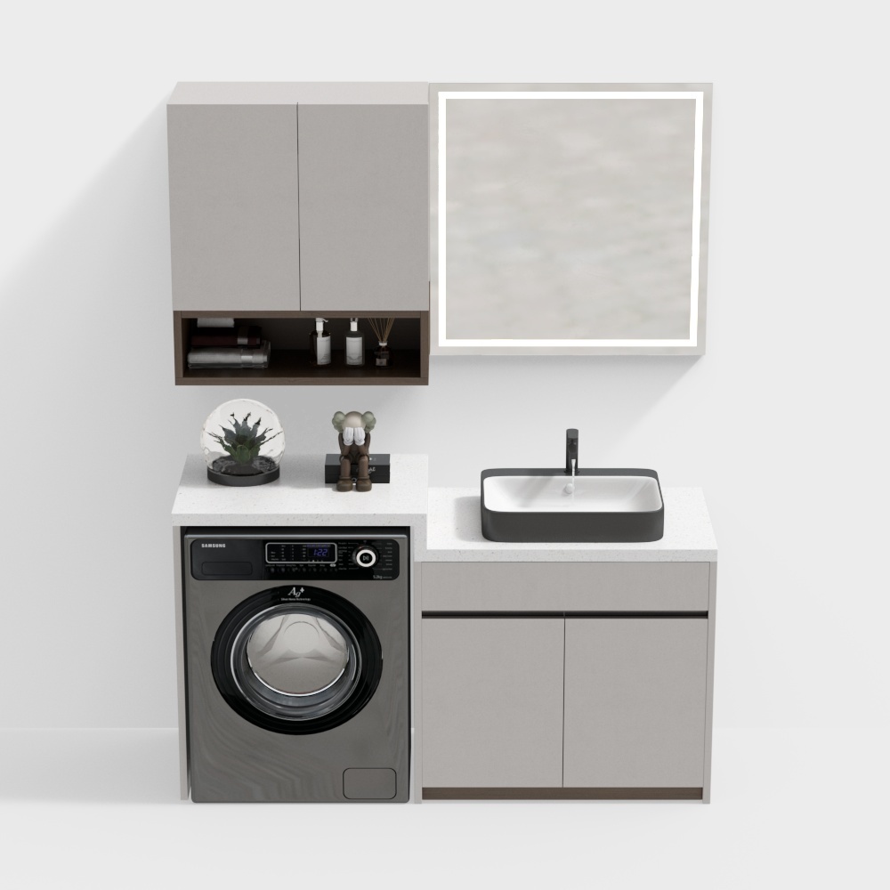 Modern bathroom cabinet-washing machine combination-square mirror
