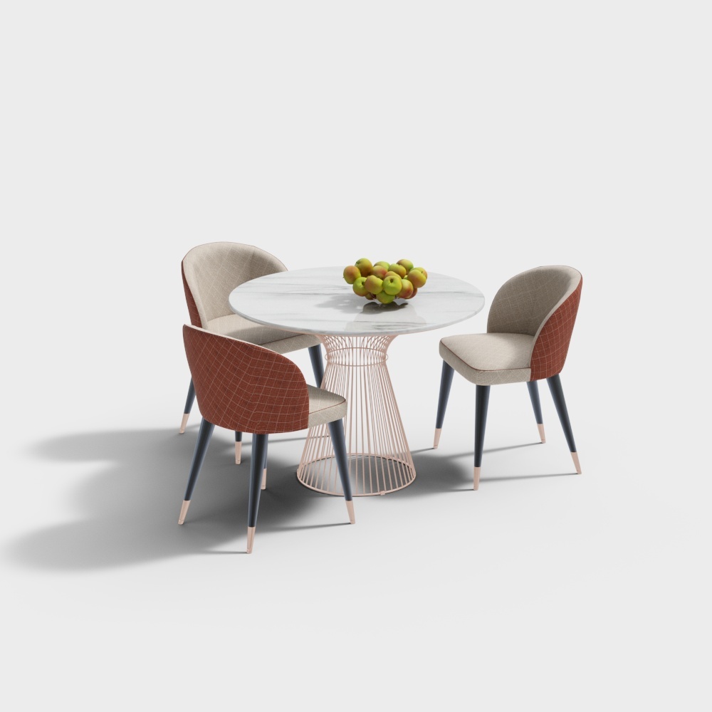 Minimalist Dining Table and Chair Set 3D Model – Low-Poly Marble Design