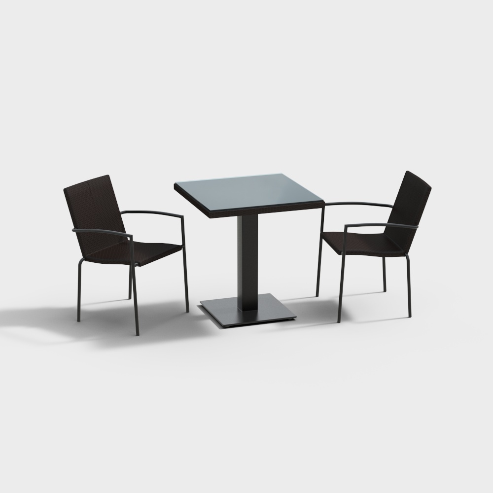 Modern black metal table with two brown chairs on grey background
