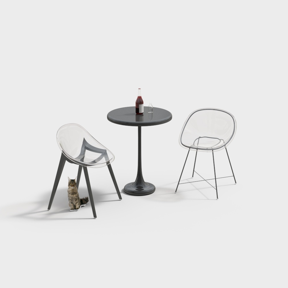 Elegant Low-Poly Transparent Chair and Black Round Table 3D model