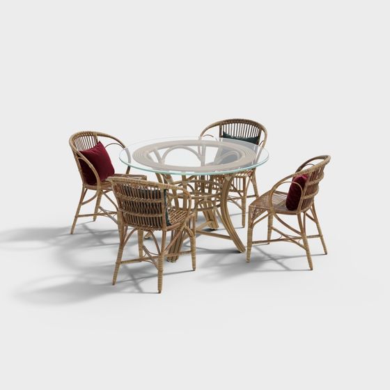 Low Poly Wicker Dining Table and Chairs 3D model