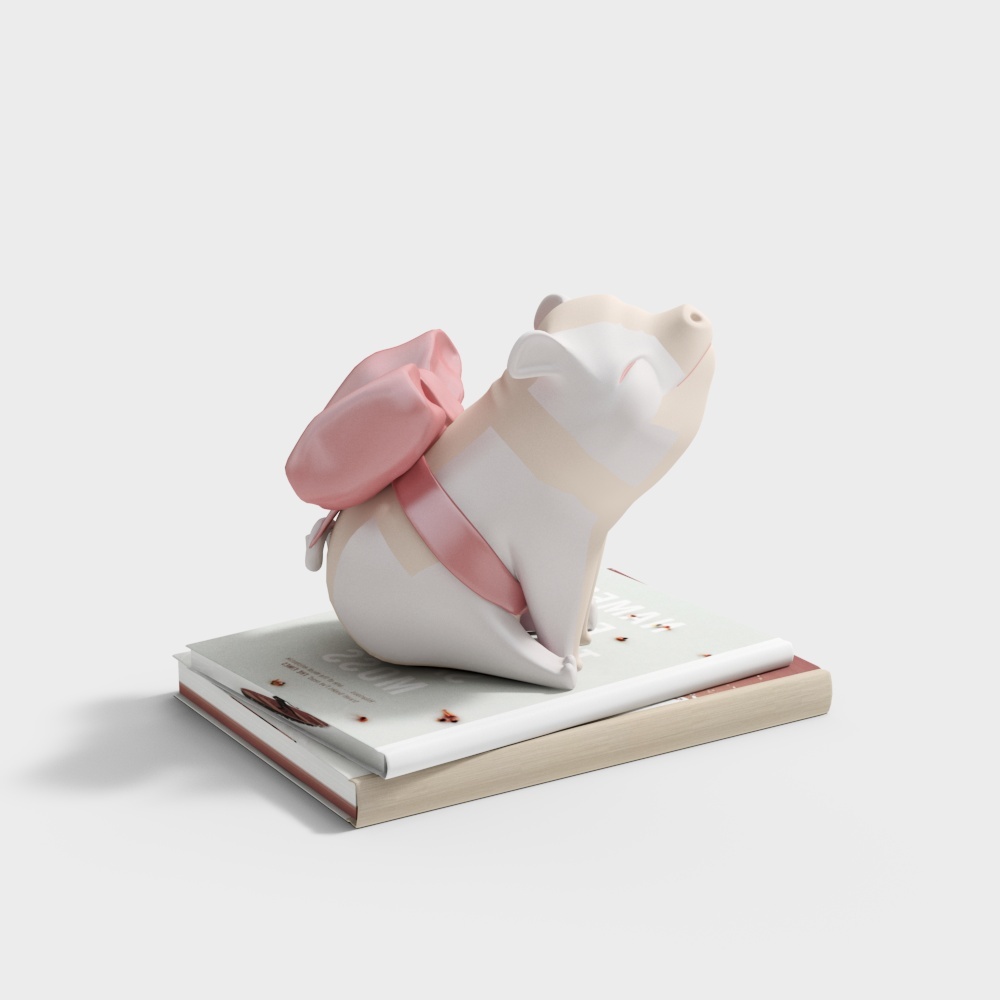 Cute white and pink ceramic dog figurine with bow sitting on books on grey background