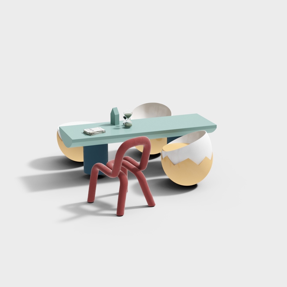 Playful dining set with blue table and egg shaped yellow chairs on white background