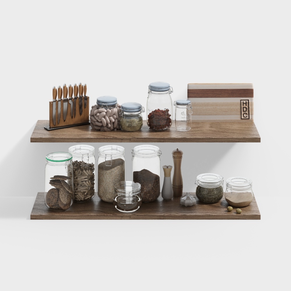 Kitchen Storage Rack 3D Model – Low-Poly Wood & Glass