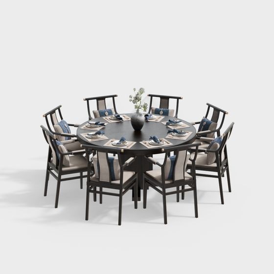 Modern Round Black Dining Set 3D Model