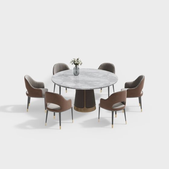 Elegant Round Table and Six Chairs 3D model