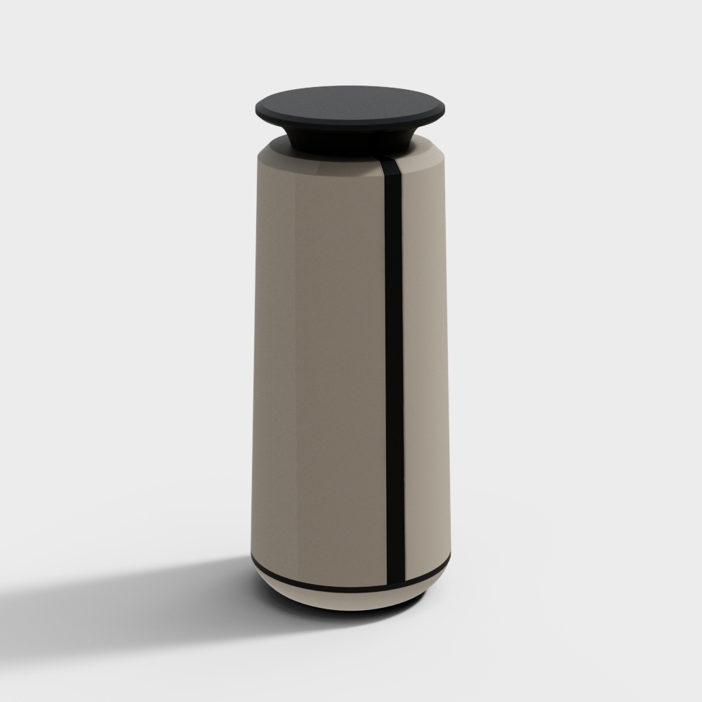 Modern beige cylindrical side table with black top and vertical stripe on white background