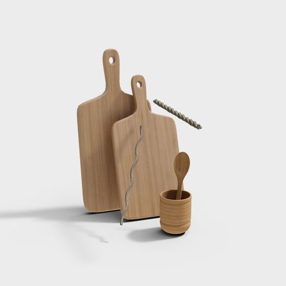 Wooden Cutting Board and Utensil Set 3D model