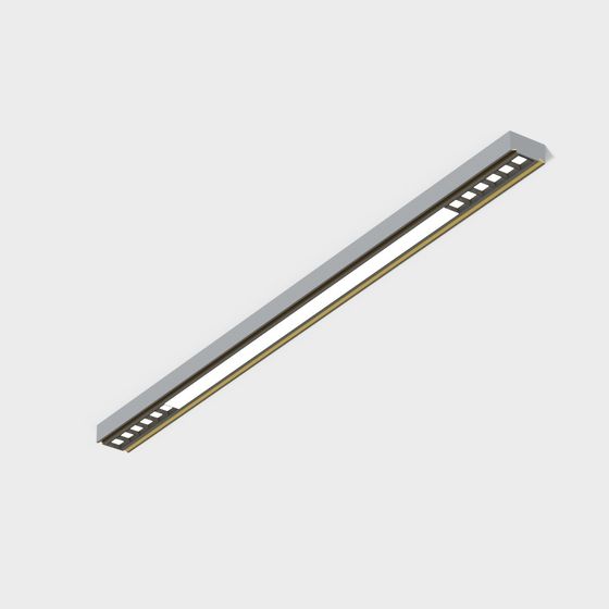 Modern linear ceiling light with grey frame and gold trim on grey background