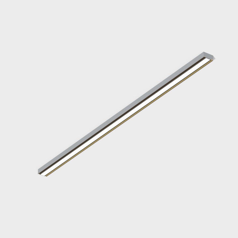 Modern long silver metal ceiling light fixture with gold trim on grey background