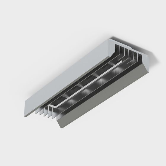 Long rectangular silver metal ceiling light fixture with modern design on white background
