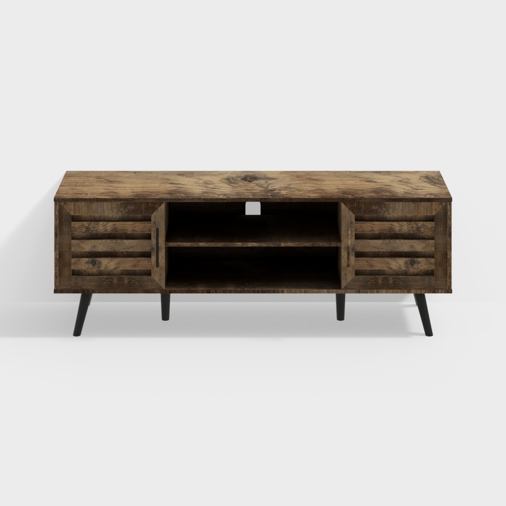 Rustic dark brown wooden TV cabinet with sliding doors and black legs on white background