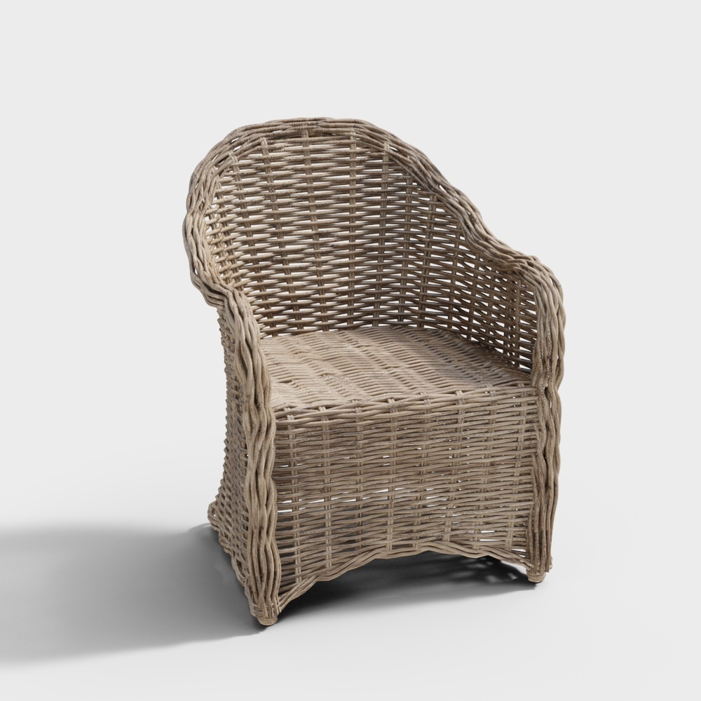 Rustic beige wicker armchair with woven texture and curved backrest on white background