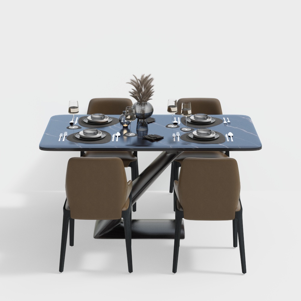 Elegant Polygons Dining Table 3D Model – Marble & Leather