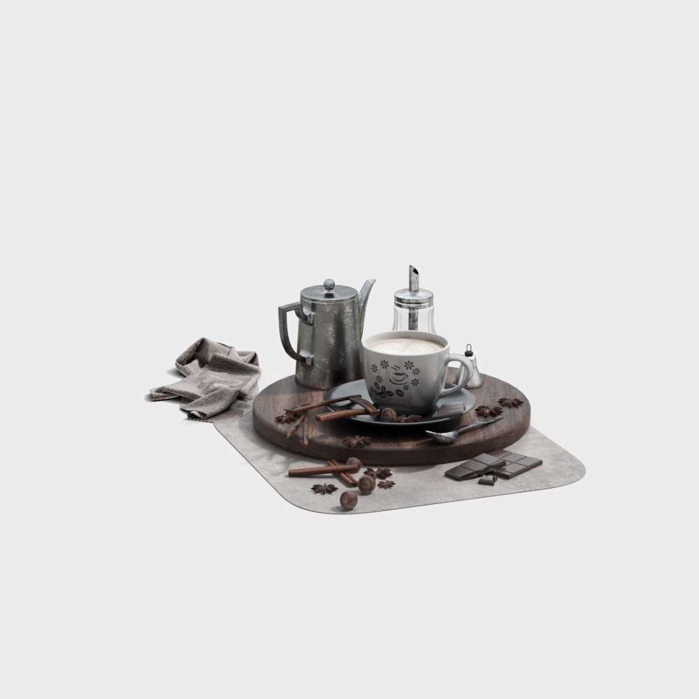 Low Poly Coffee Scene 3D Model – Vintage Pot & Cups