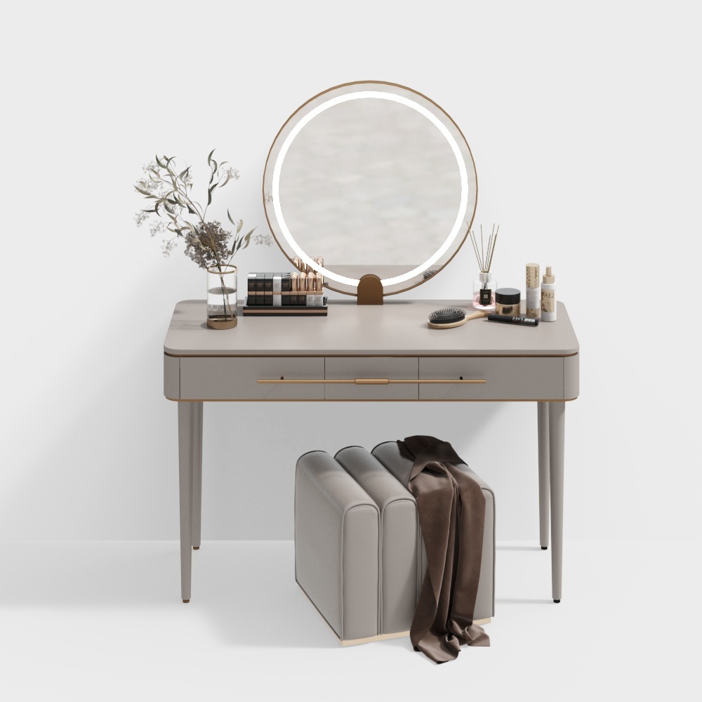 Elegant Low-Polygon Vanity Table 3D Model – Gray & Gold Design