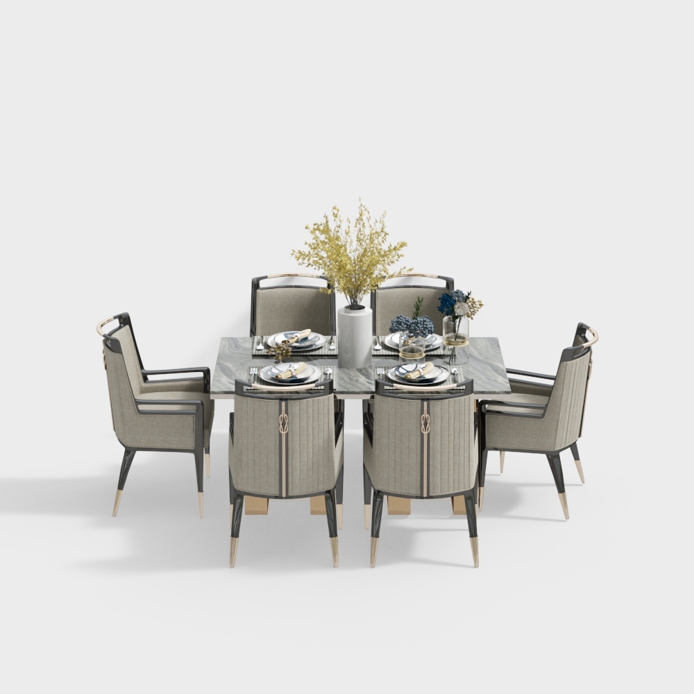 Modern grey marble dining table with six upholstered chairs and gold legs on white background