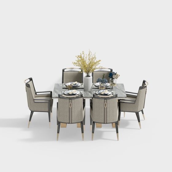 Modern grey marble dining table with six upholstered chairs and gold legs on white background
