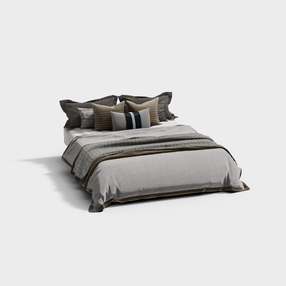 Contemporary bed with grey bedding and patterned throw on white background