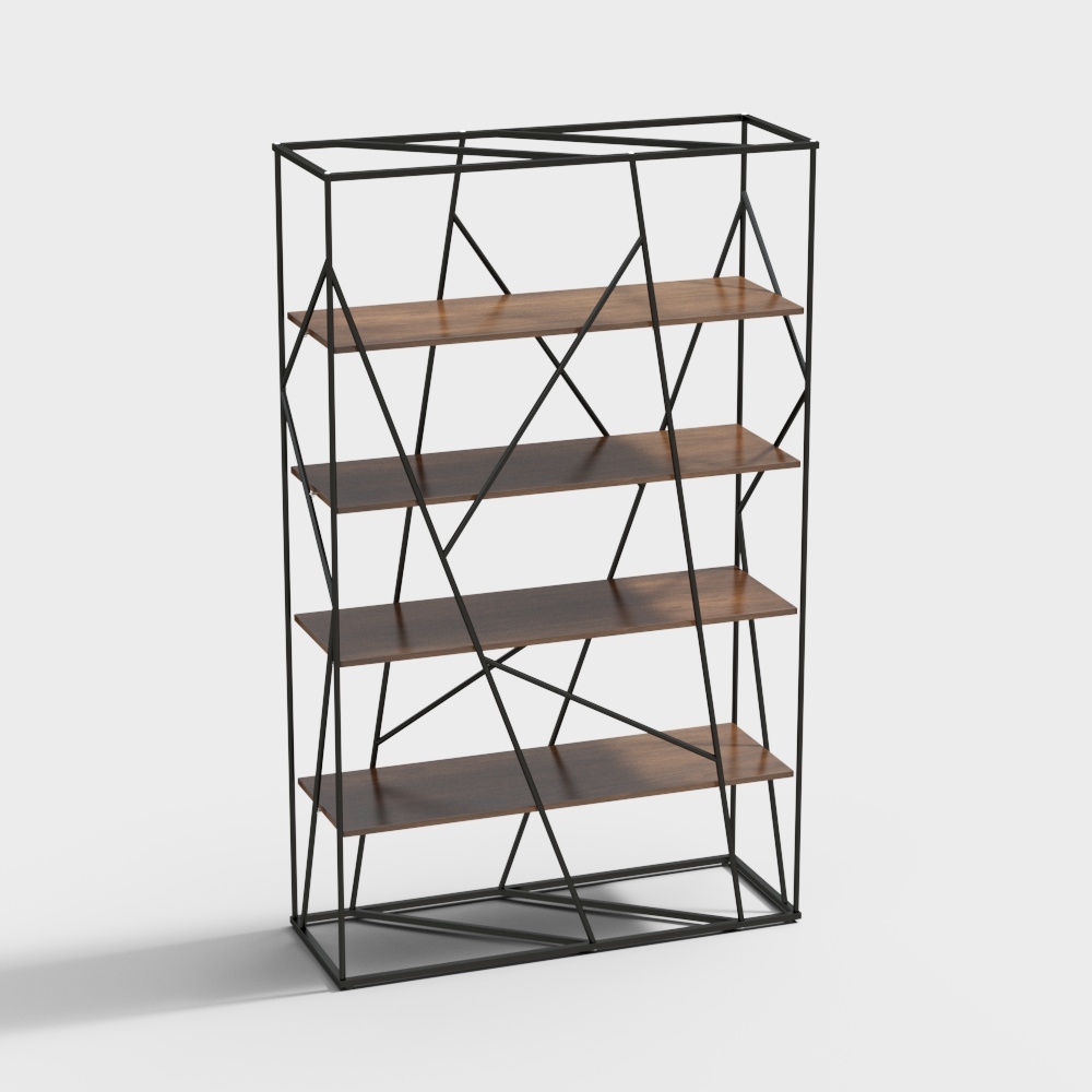 Modern black metal bookshelf with four brown wood shelves and geometric design on grey background
