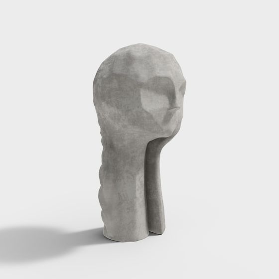 Modern abstract grey stone head sculpture with rough texture on white background