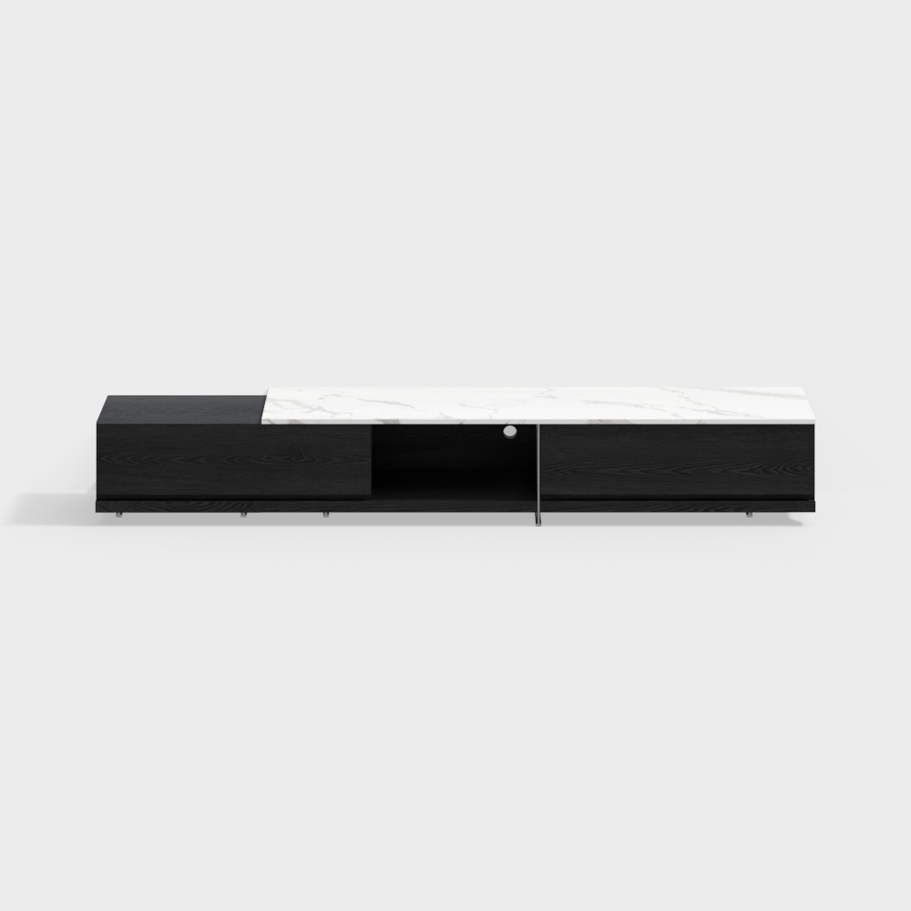 Modern long low TV console with black wood base and white marble top on grey background