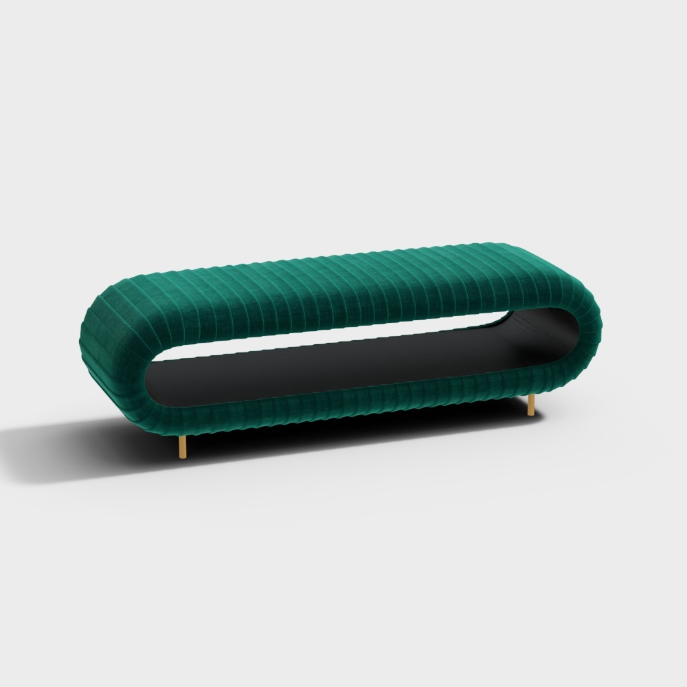 Modern green ribbed velvet sofa with black shelf and gold legs on white background