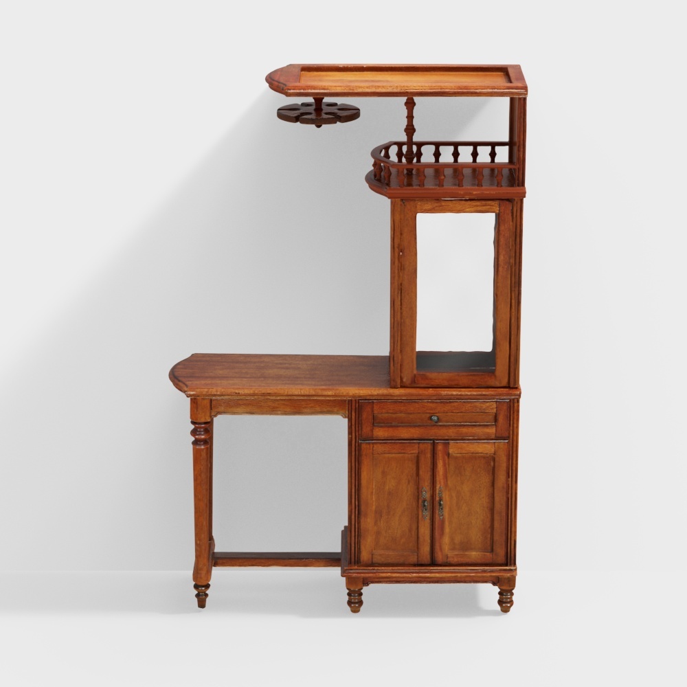 Antique dark brown wooden cabinet with mirror and shelf on white background