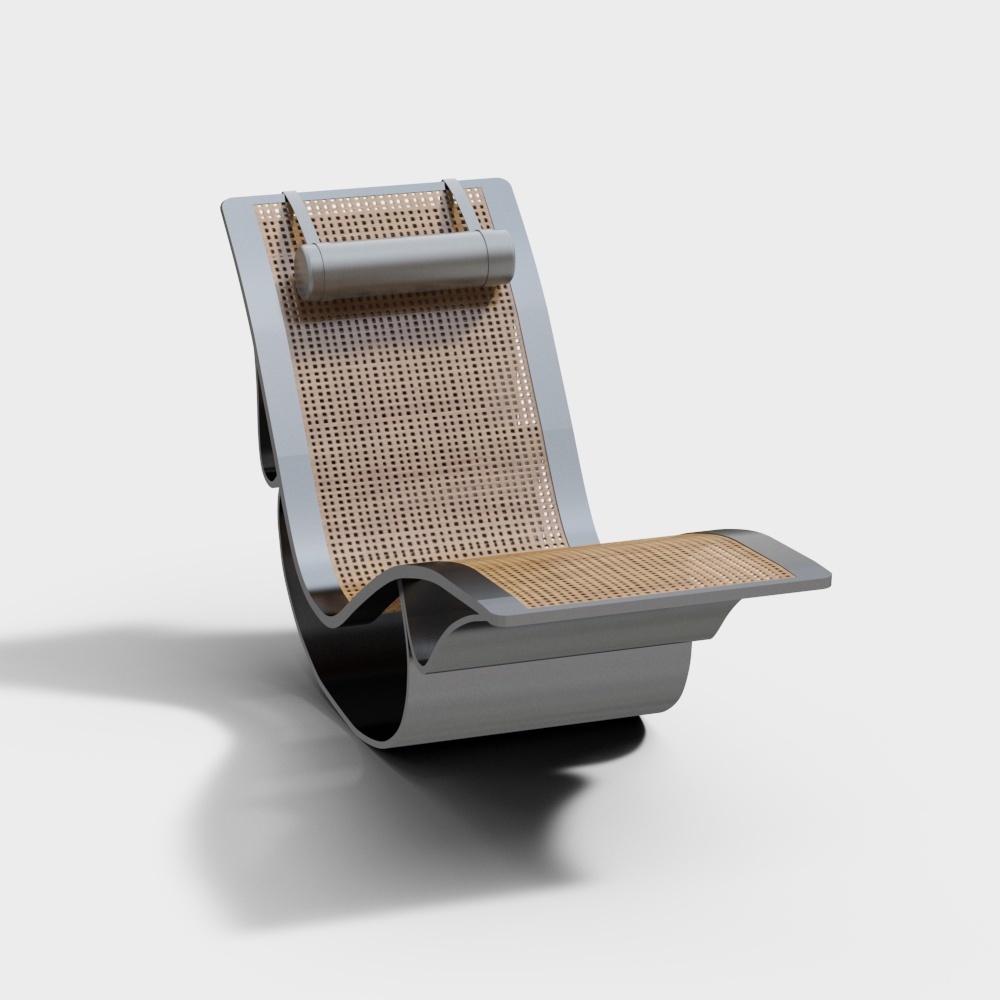 Modern grey lounge chair with woven cane seat and headrest on white background
