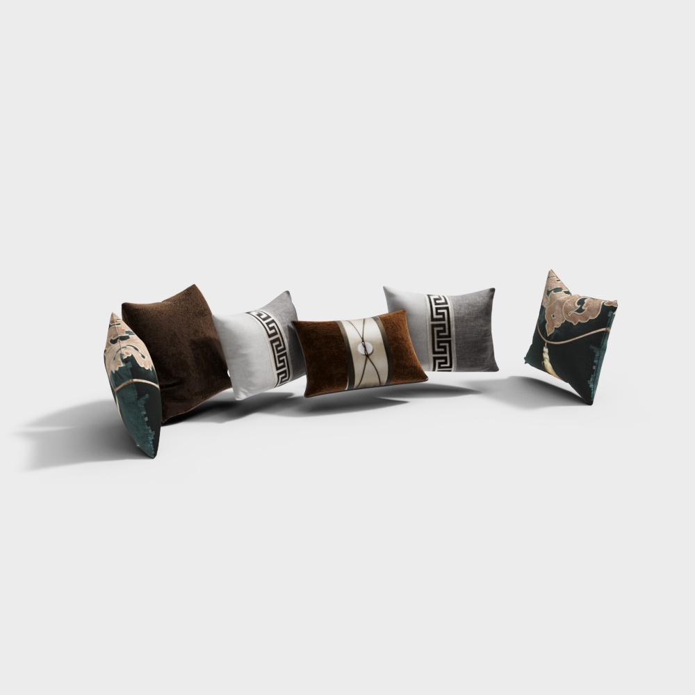 Set of six decorative pillows in brown and grey fabric with patterns on white background